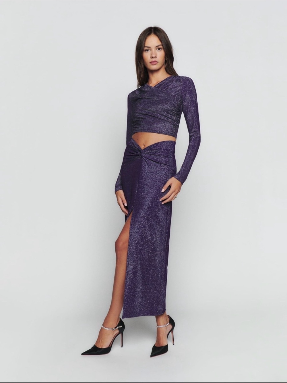 Reformation Herron Knit Two Piece Set XL Midnight Sparkle Metallic Purple NWT